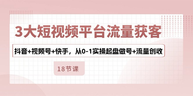 3大短视频平台流量获客，抖音+视频号+快手，从0-1实操起盘做号+流量创收-AI网创