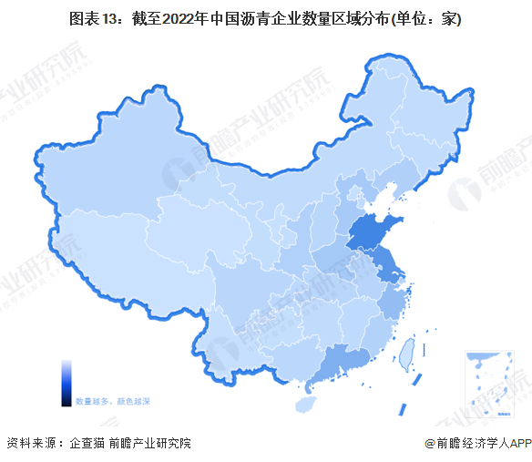 图表13：截至2022年中国沥青企业数量区域分布(单位：家)
