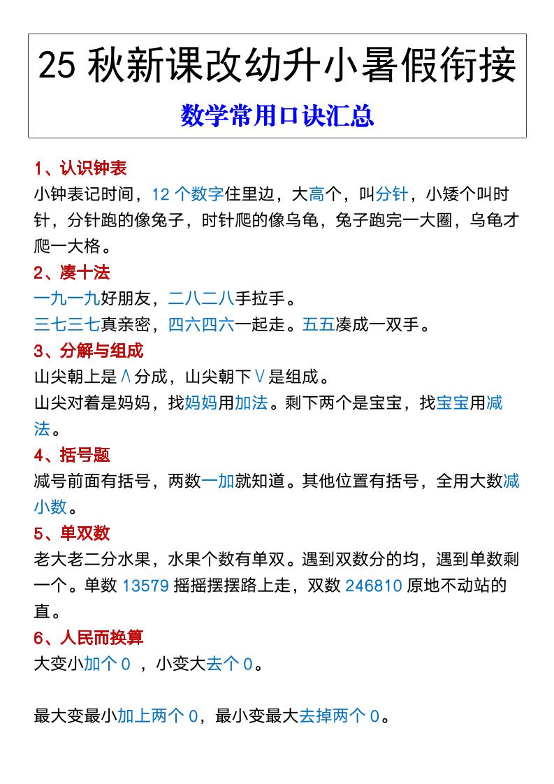 【2025秋新版】幼升小暑假衔接数学常用口诀汇总-一上数学-自学网资源