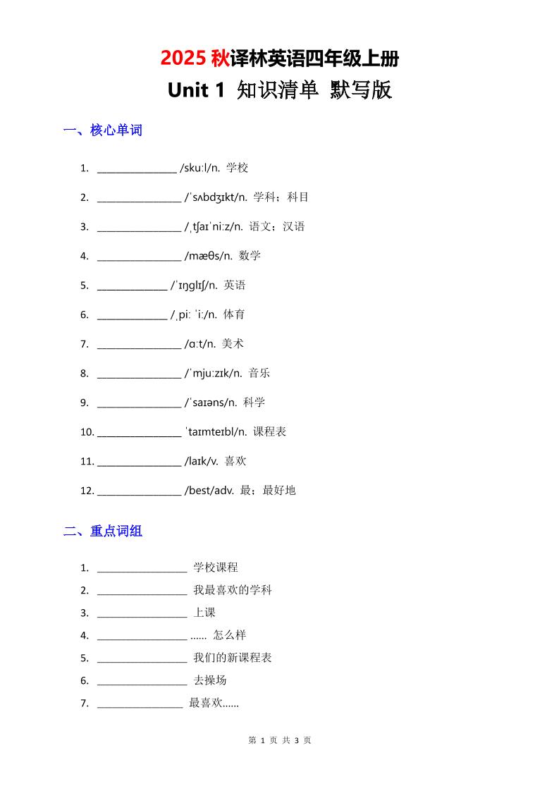 2025秋译林英语四上Unit1知识清单-默写版-自学网资源