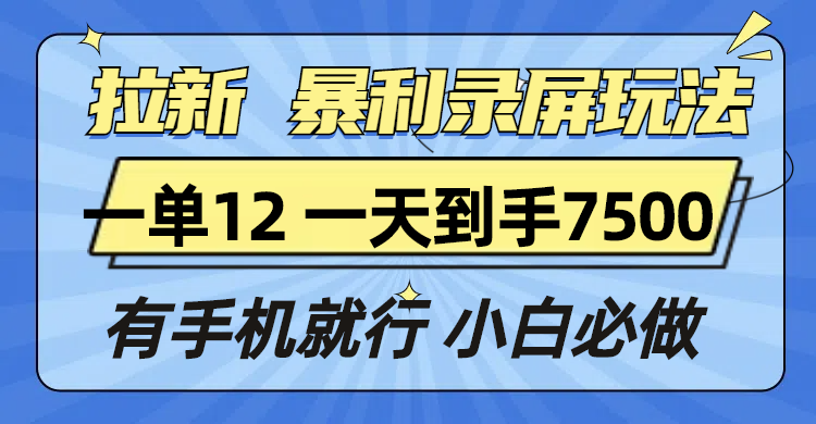 拉新暴利录屏玩法，一单12块，一天到手7500，有手机就行-AI网创