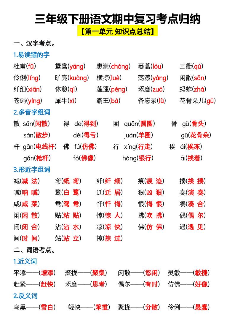 三年级下册语文期中复习考点归纳-自学网资源
