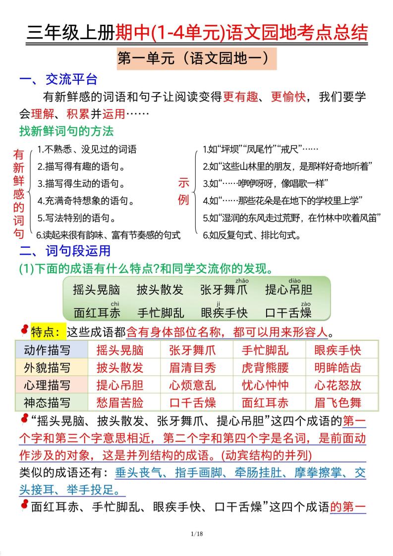 三年级上册期中(1-4单元)语文园地考点总结纯图版-自学网资源