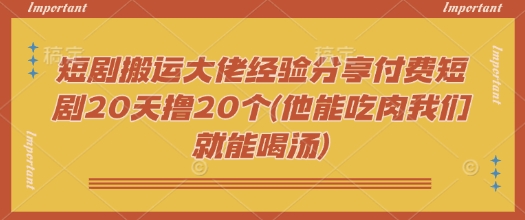 短剧搬运大佬经验分享付费短剧20天撸20个(他能吃肉我们就能喝汤)-AI网创