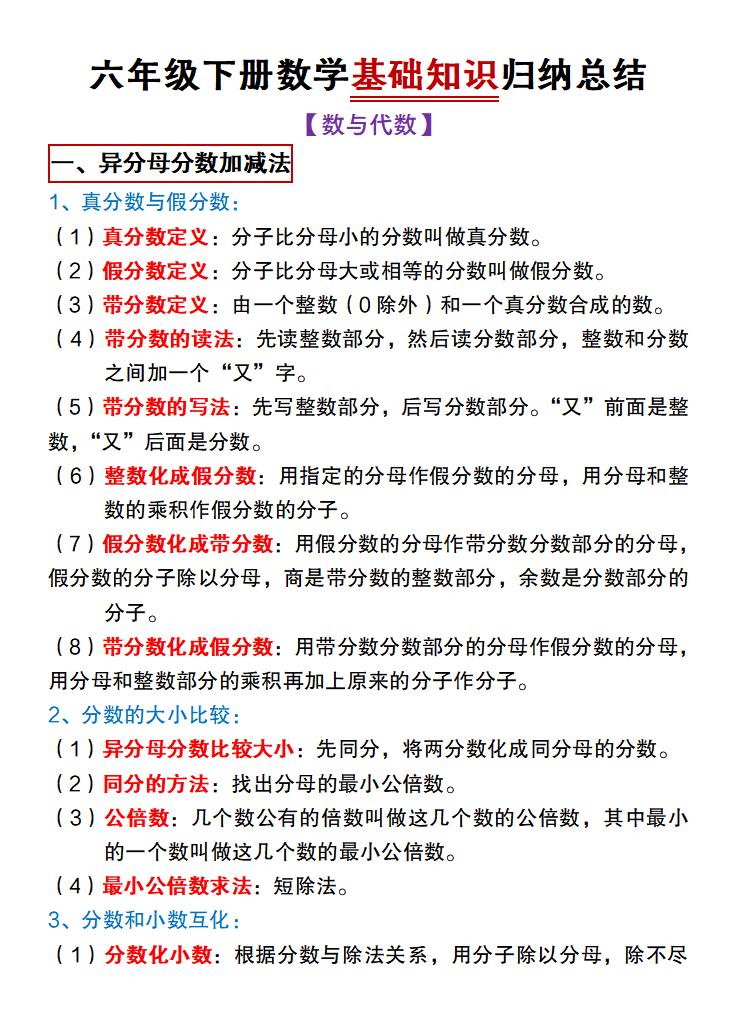 【冀教版】六年级下册数学基础知识归纳总结-自学网资源
