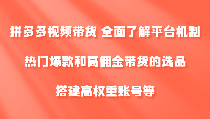 拼多多视频带货 全面了解平台机制、热门爆款和高佣金带货的选品，搭建高权重账号等-AI网创