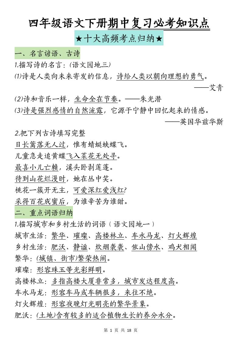 四下语文期中复习-十大高频考点归纳(4)-自学网资源