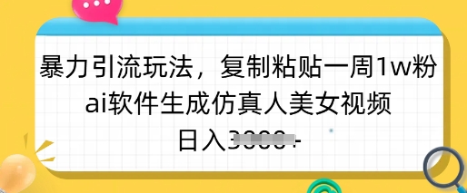 暴力引流玩法，复制粘贴一周1w粉，ai软件生成仿真人美女视频，日入多张-AI网创