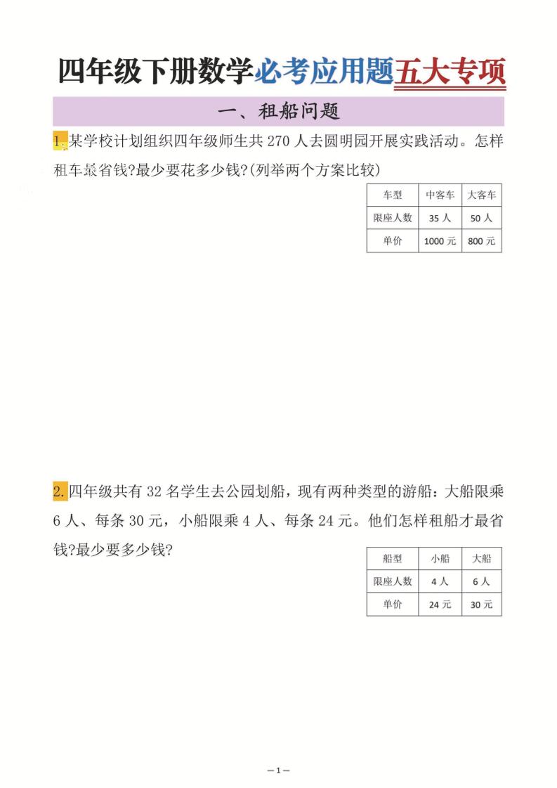 四年级下数学必考应用题五大专项-自学网资源