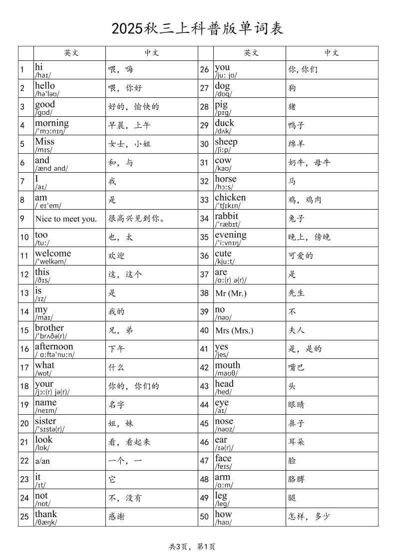 2025秋三上英语科普版单词表-自学网资源