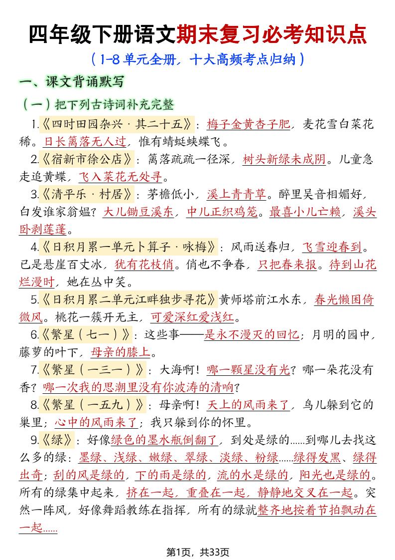 四年级下册语文期末复习必考知识点-自学网资源