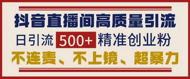 抖音直播间引流创业粉，无需连麦、不用上镜、超暴力，日引流500+高质量精准创业粉-AI网创