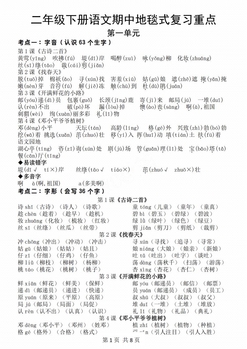 二年级下册语文期中地毯式复习重点8页-自学网资源