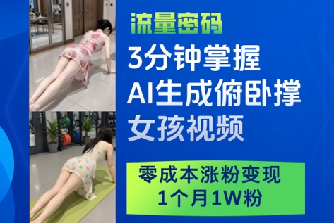 3分钟掌握AI生成俯卧撑女孩视频，零成本涨粉变现，1个月1W粉-AI网创