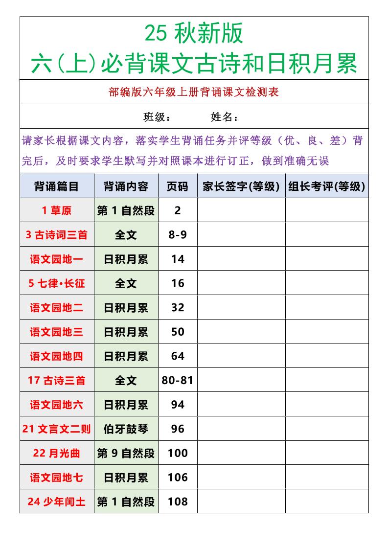 【2025秋新版】六年级语文上册必背课文内容古诗和日积月累-自学网资源