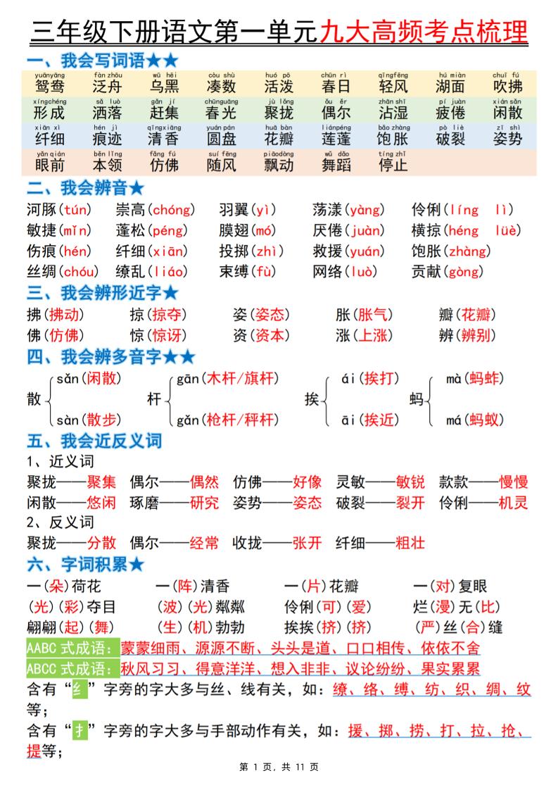 三下语文期中复习1-4单元高频考点梳理（11页）-自学网资源