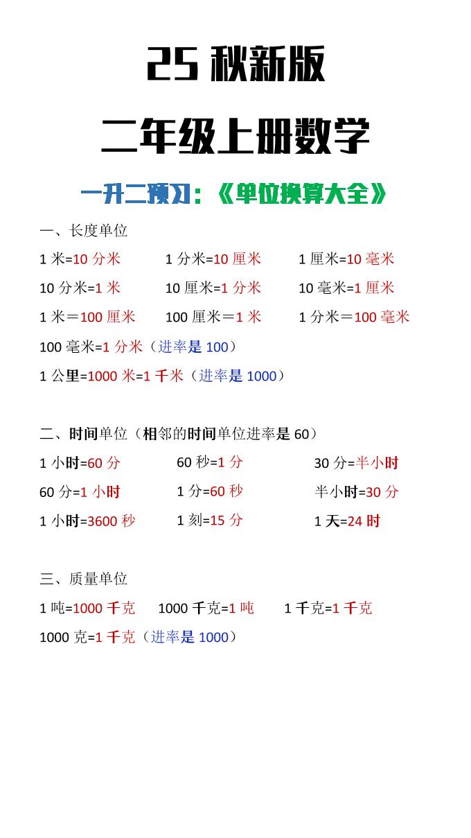 【2025秋新版】二年级上册数学单位换算大全-自学网资源