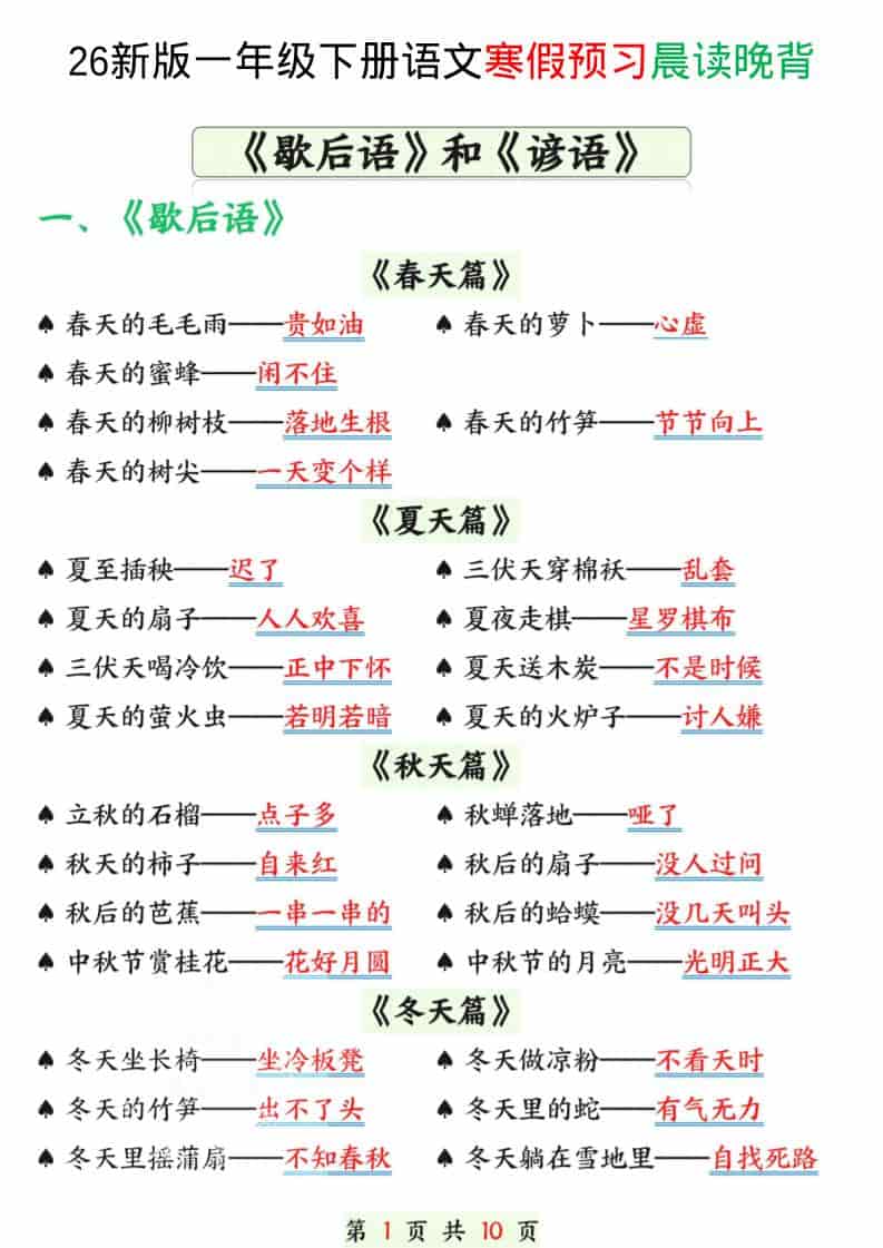 一年级下语文寒假预习晨读晚背（歇后语和谚语）-自学网资源