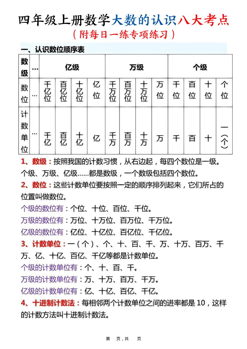 四上数学大数的认识八大考点（附每日一练专项练习）含答案14页-自学网资源