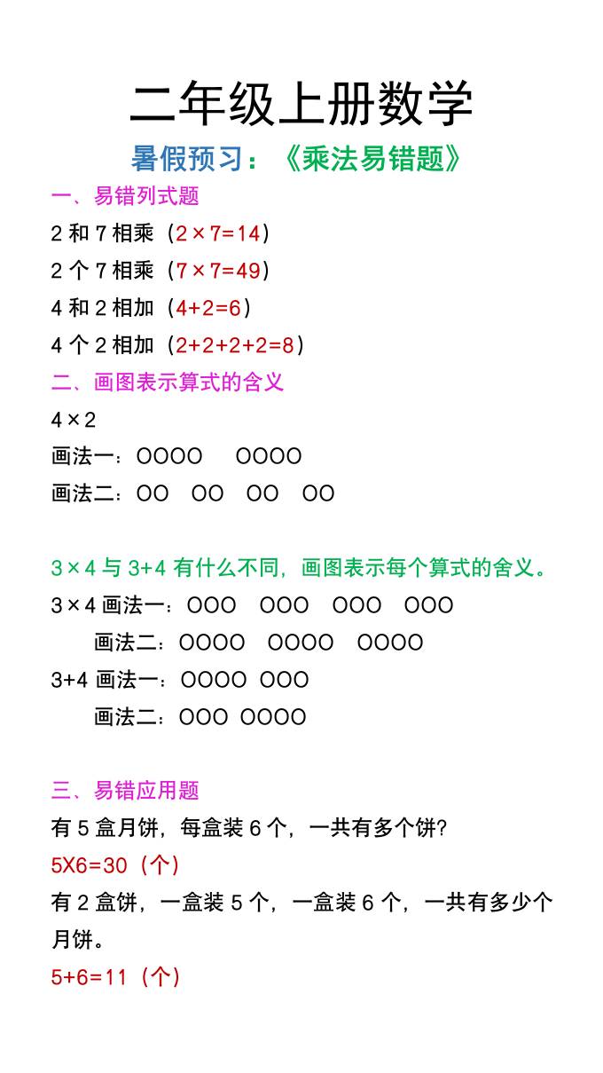 二年级上册数学暑假预习《乘法易错题》-AI网创