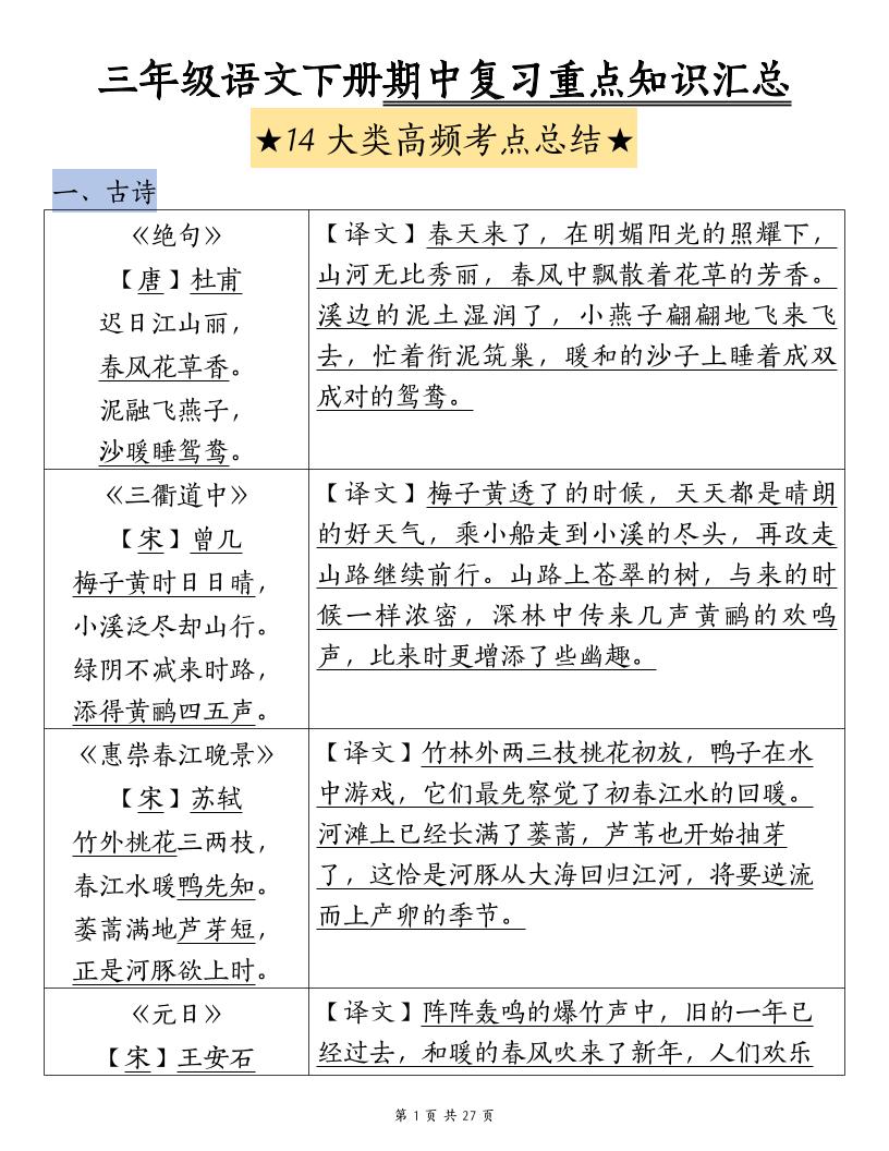 三下语文期中复习重点知识汇总-14大高频考点-自学网资源