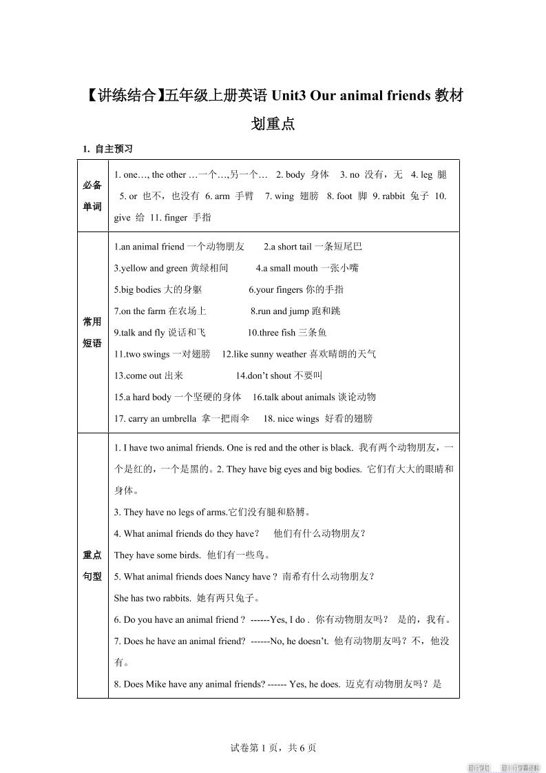【单元热点难点】译林版（三起）英语五年级上册Unit3Ouranimalfriends教材划重点-自学网资源