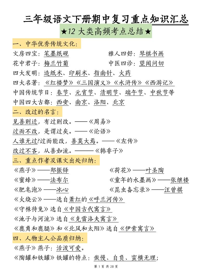 三下语文期中复习重点知识汇总-12大高频考点-自学网资源