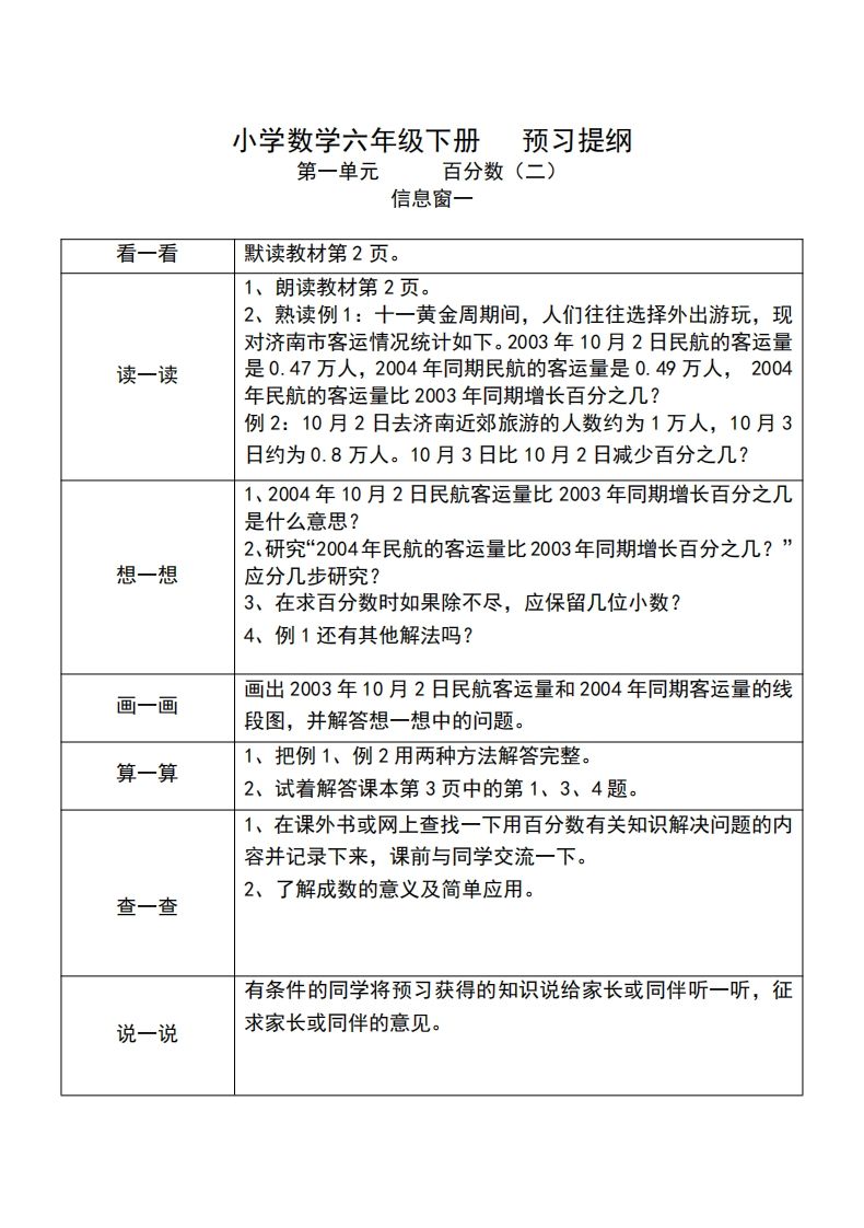 六下人教版数学课前预习单-自学网资源