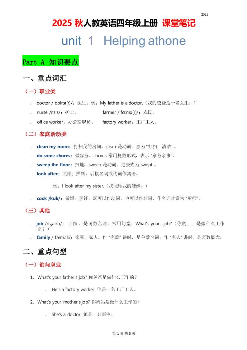 2025秋人教英语四上课堂笔记Unit01-自学网资源