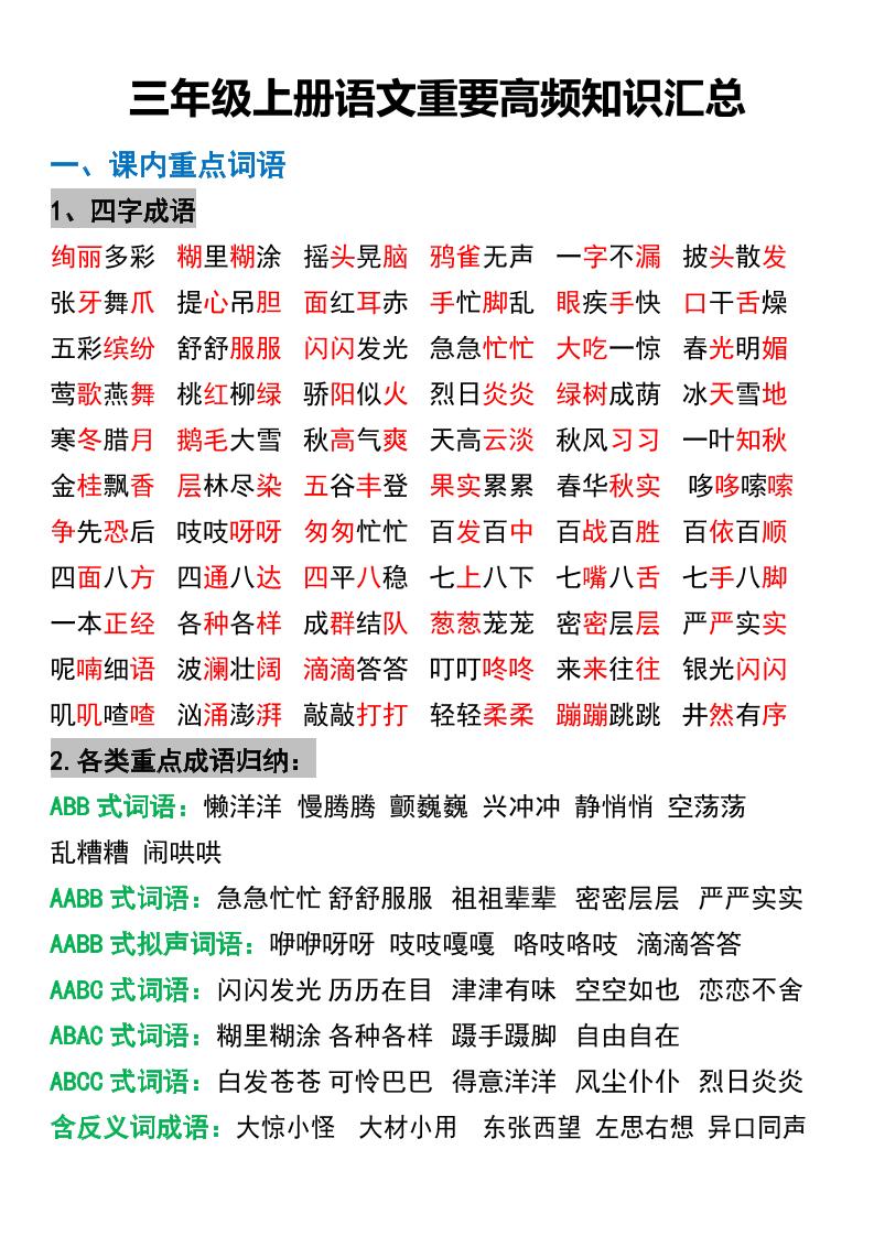 三年级上册语文重要高频知识汇总-自学网资源