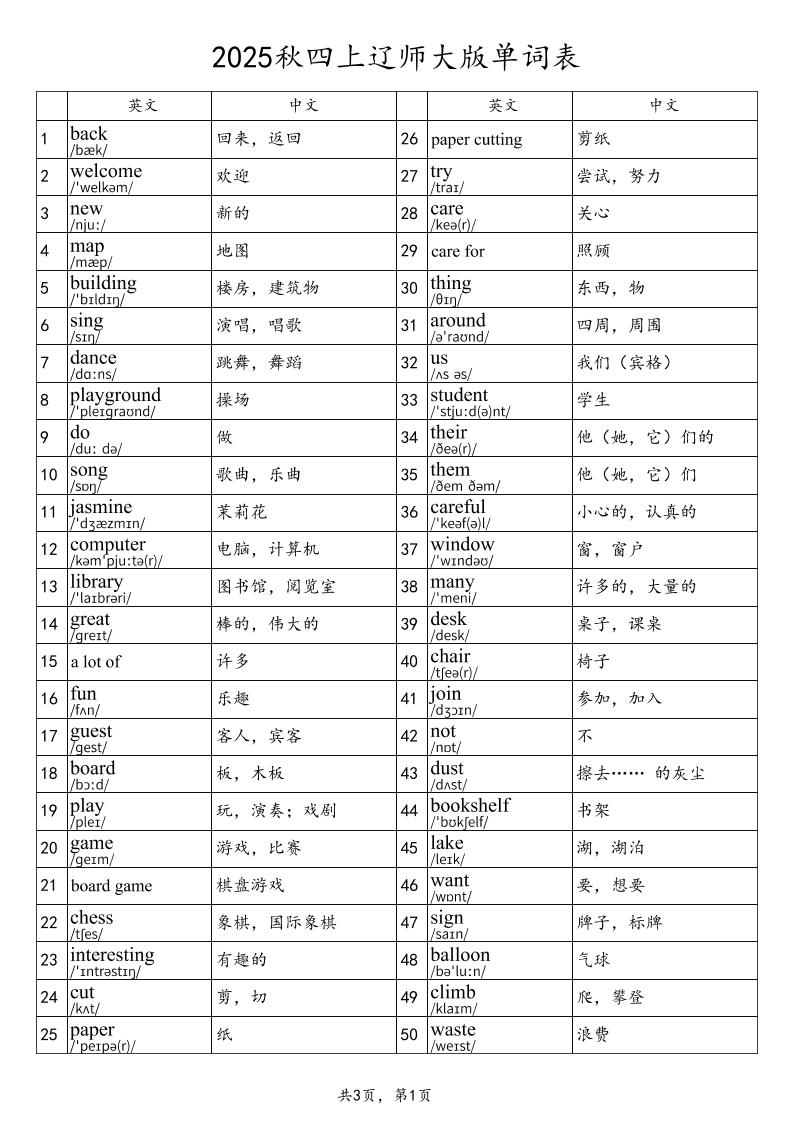 2025秋四上英语辽师大版单词表-自学网资源