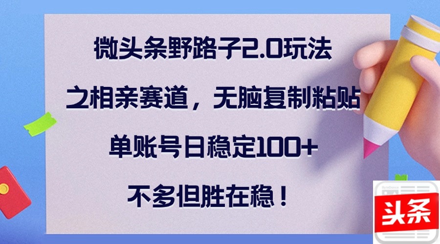 微头条野路子2.0玩法之相亲赛道，无脑复制粘贴，单账号日稳定100+，不…-AI网创