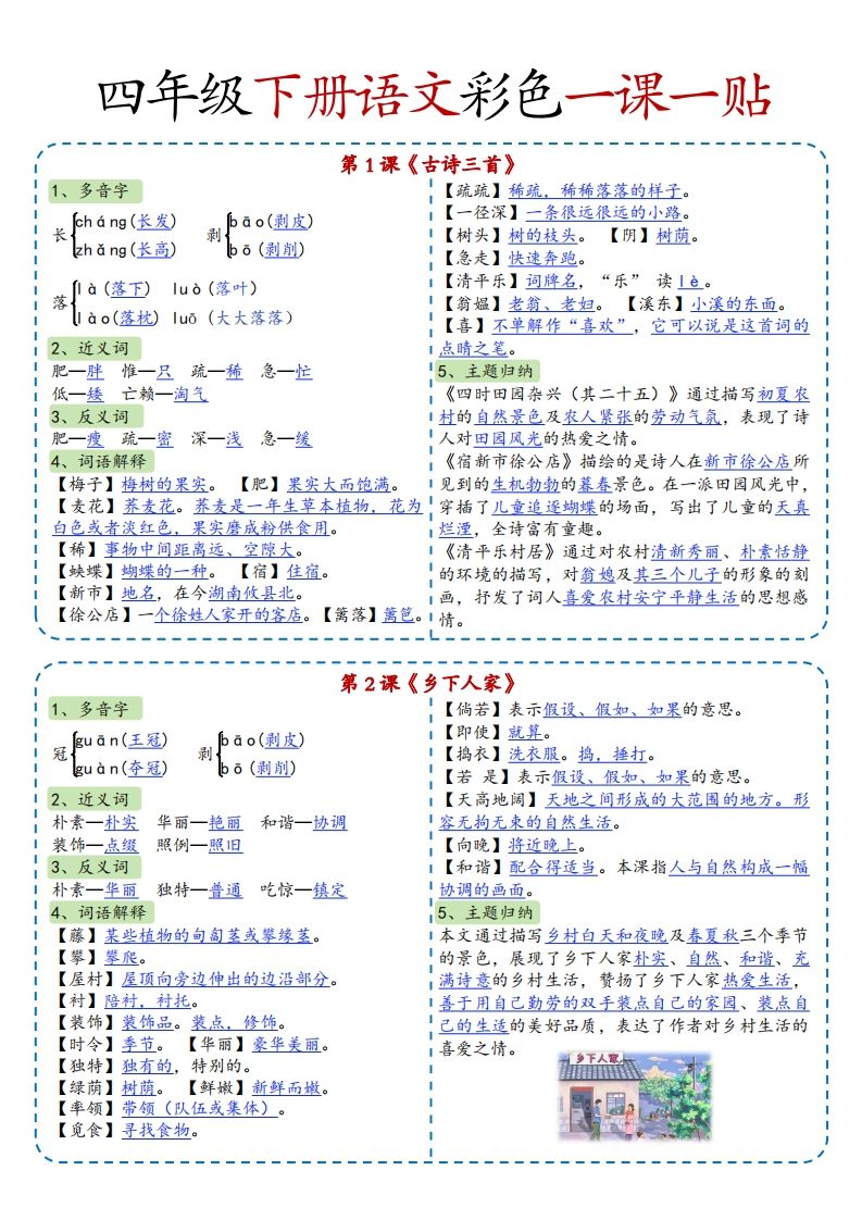 四年级下语文彩色一课一贴全-自学网资源