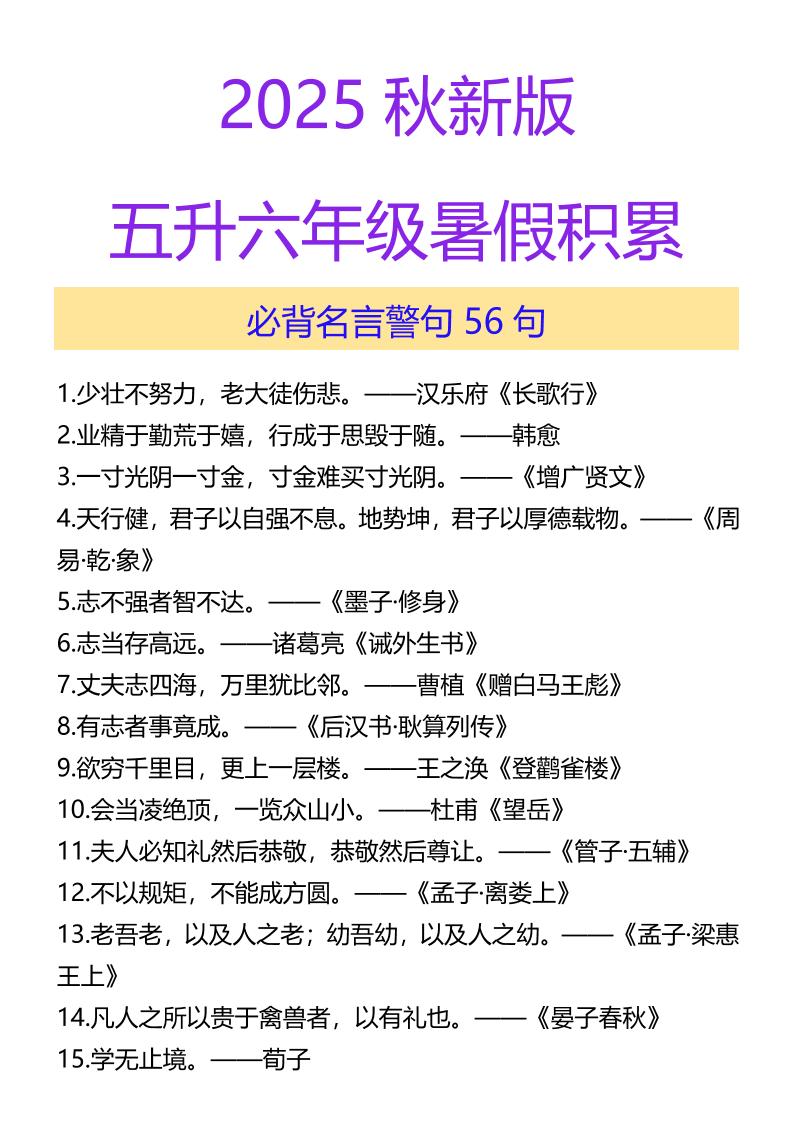 【2025秋新版】五升六年级暑假积累必背名言警句56句-六上语文-自学网资源