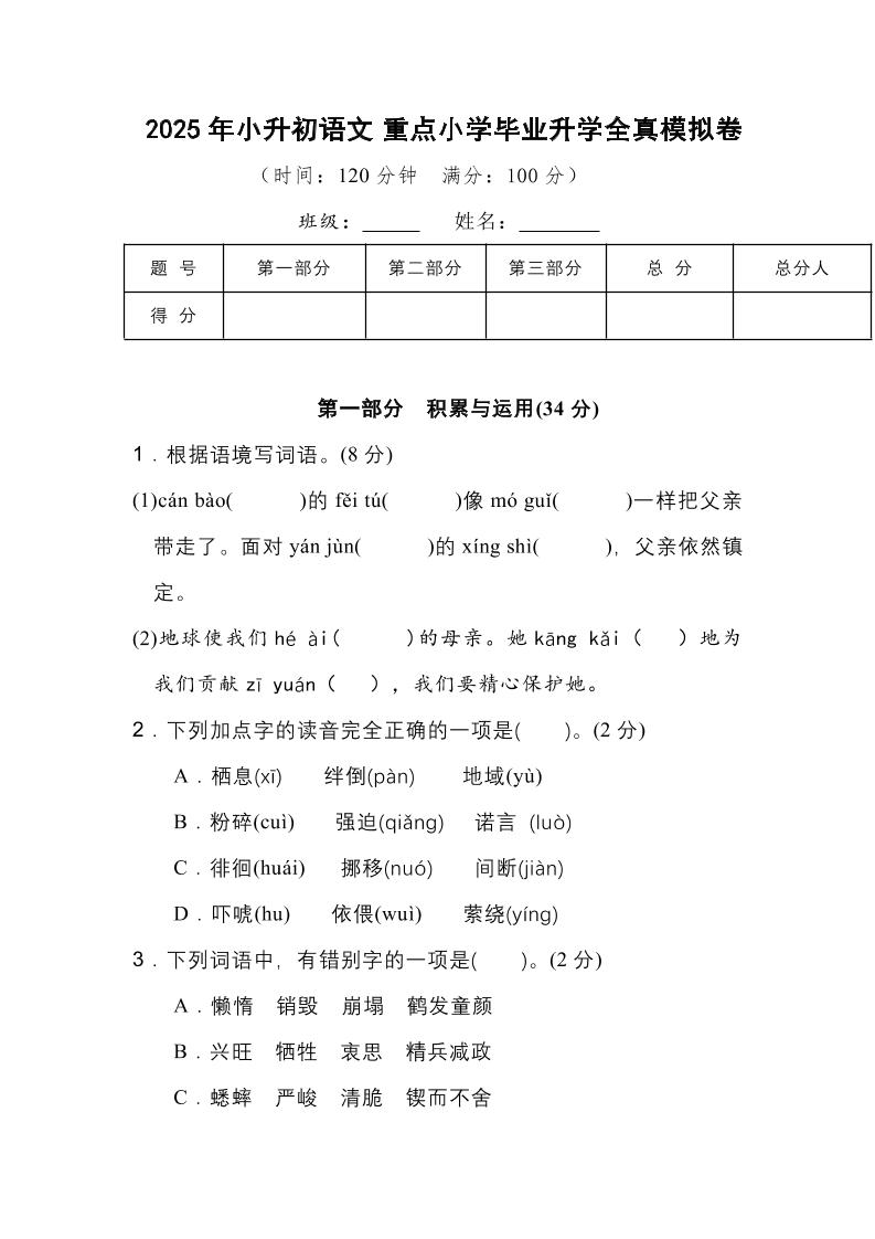 2025年小升初语文重点小学毕业升学全真模拟卷（一）13页-自学网资源