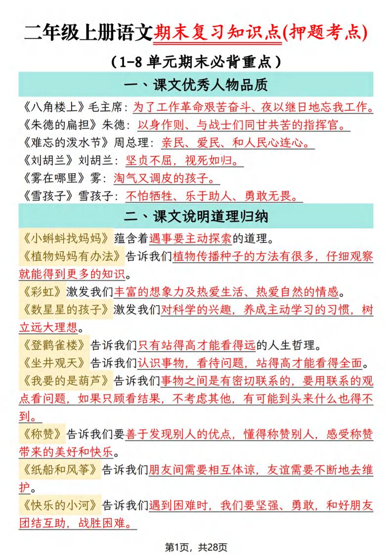 二年级上语文期末复习知识点(押题考点)-自学网资源