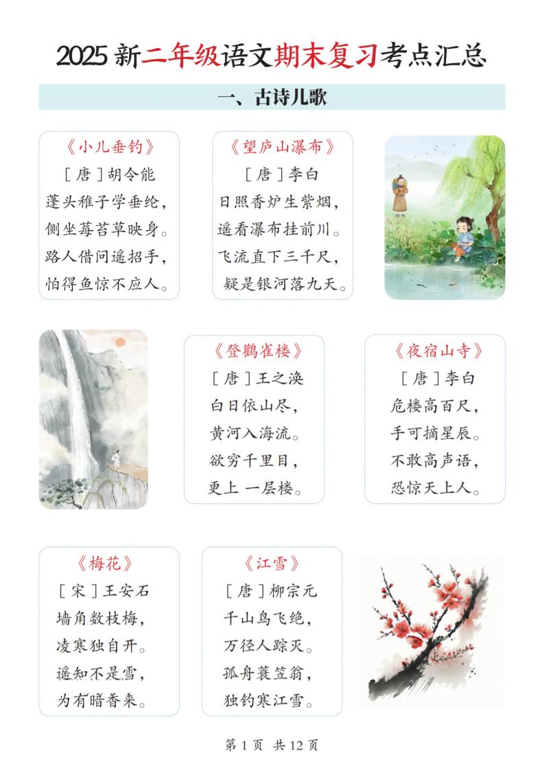 2025新二上语文期末复习考点汇总12页-自学网资源