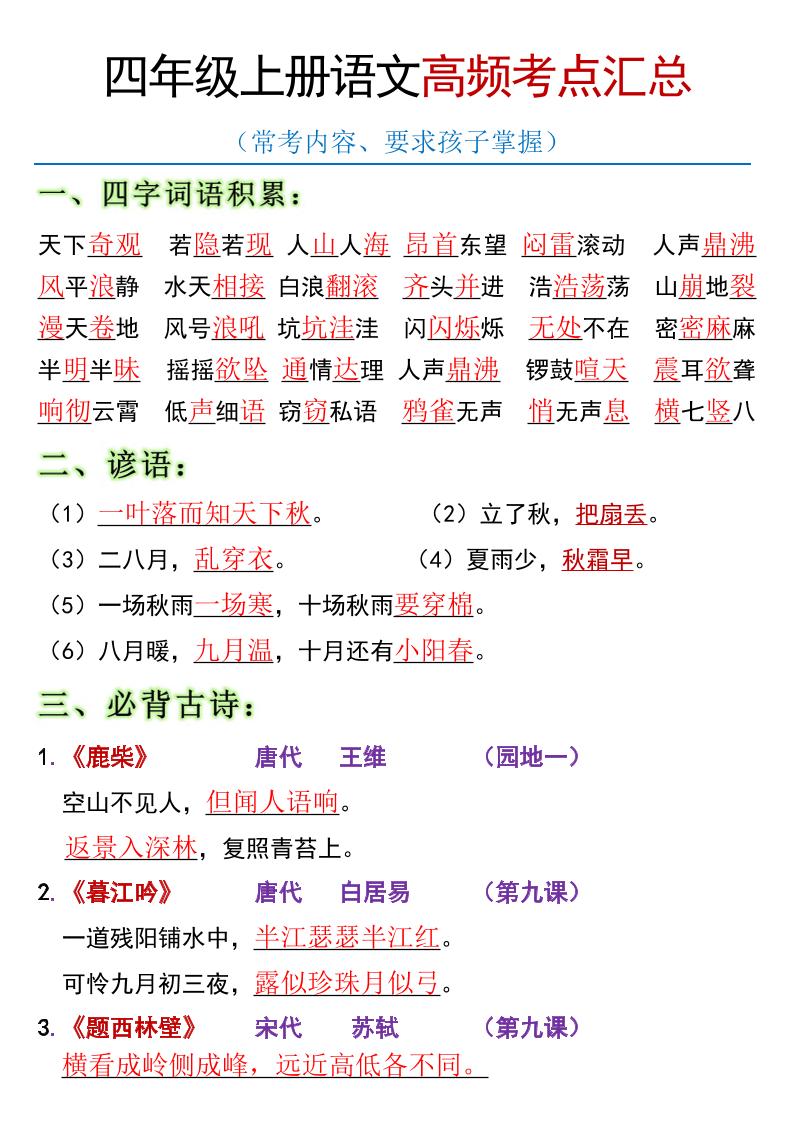 全册高频考点归类（节选）】四上语文-自学网资源