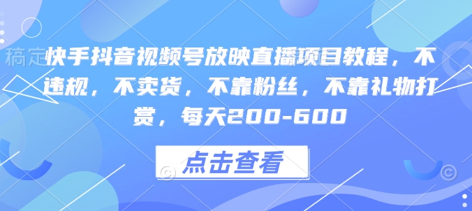 快手抖音视频号放映直播项目教程，不违规，不卖货，不靠粉丝，不靠礼物打赏，每天200-600-AI网创