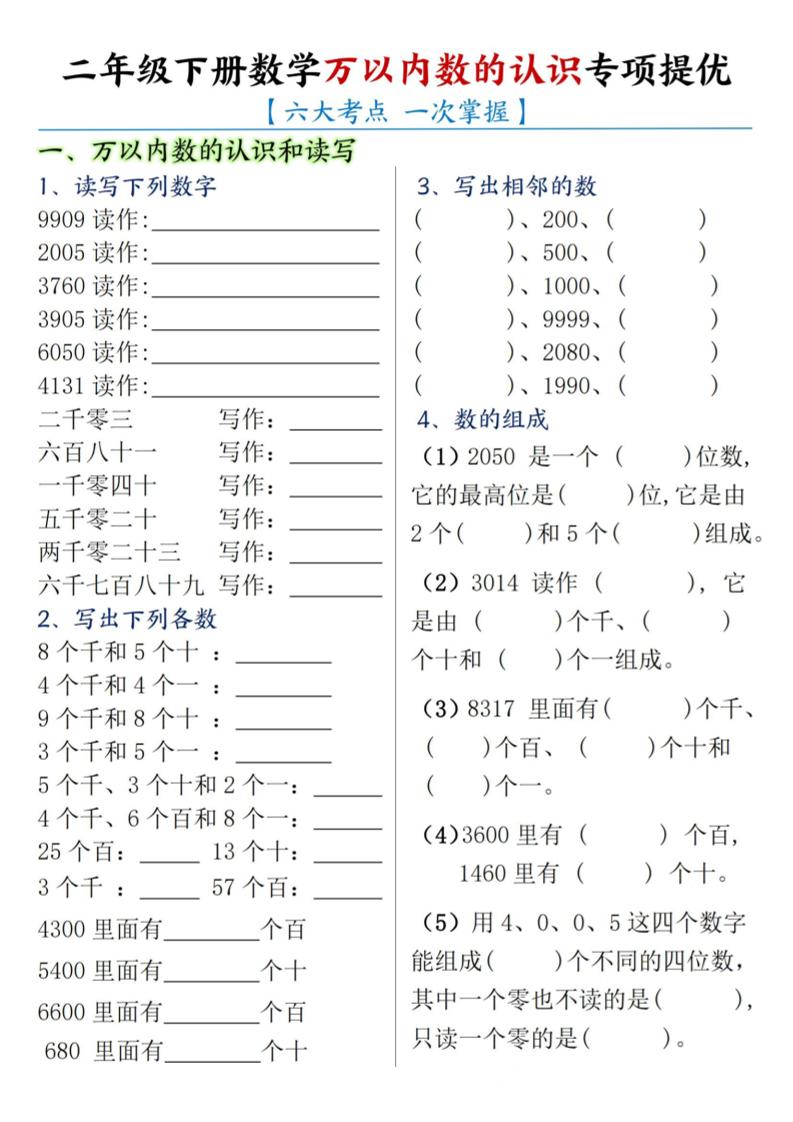 二下数学【万以内数的认识专项提优】-自学网资源
