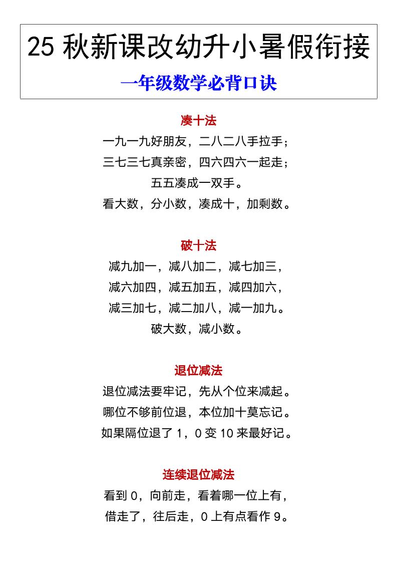 【2025秋新版】幼升小暑假衔接一年级数学必背口诀-一上数学-自学网资源