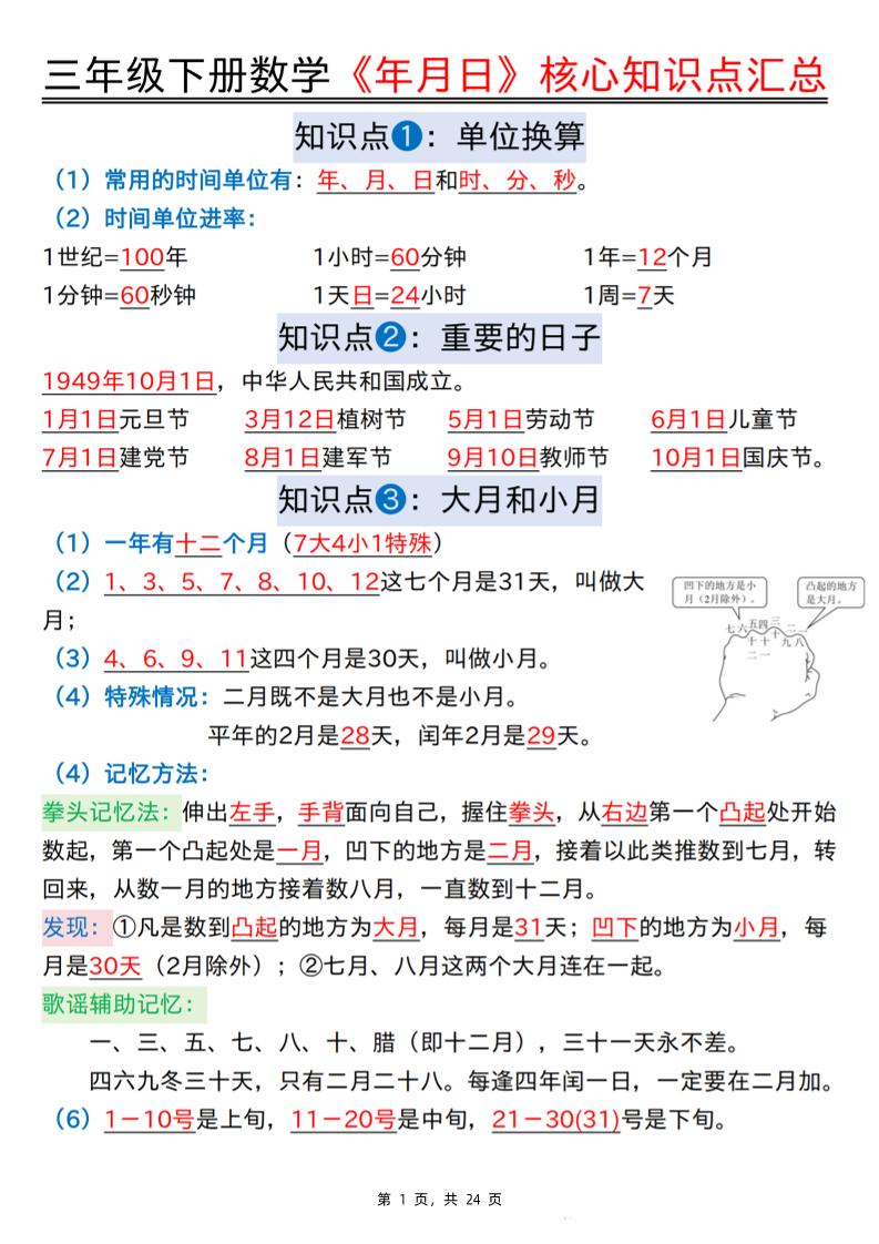 三下数学《年月日》核心知识点汇总+计算技巧+六大考点必刷题（练习+答案24页）-自学网资源