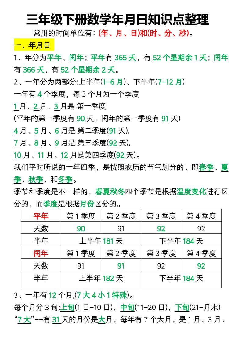 三下数学年月日知识点整理-自学网资源