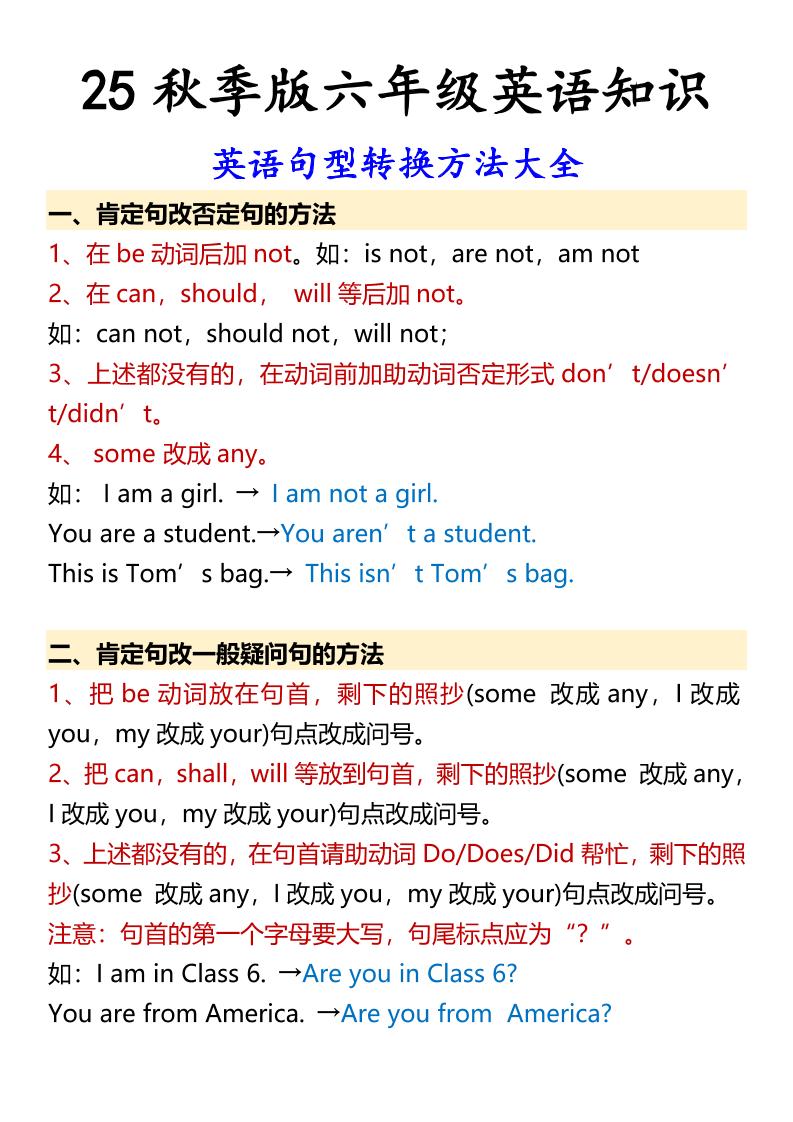 【2025秋新版】六年级上册英语英语句型转换方法大全-自学网资源