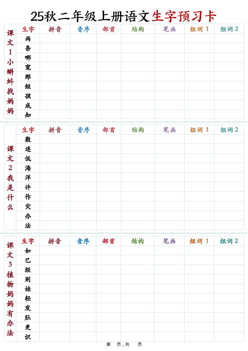 25秋新二上语文生字预习卡（11页）-自学网资源