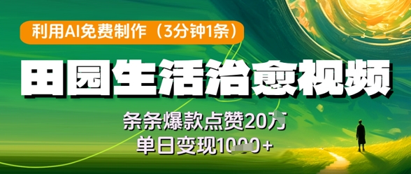 利用AI免费制作田园生活治愈视频，条条爆款点赞20W，单日变现几张-AI网创