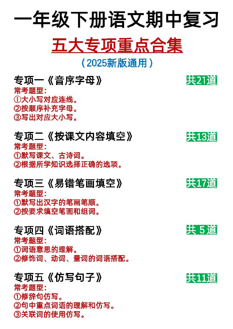 25新一下语文期中复习五大专项重点合集14页-自学网资源