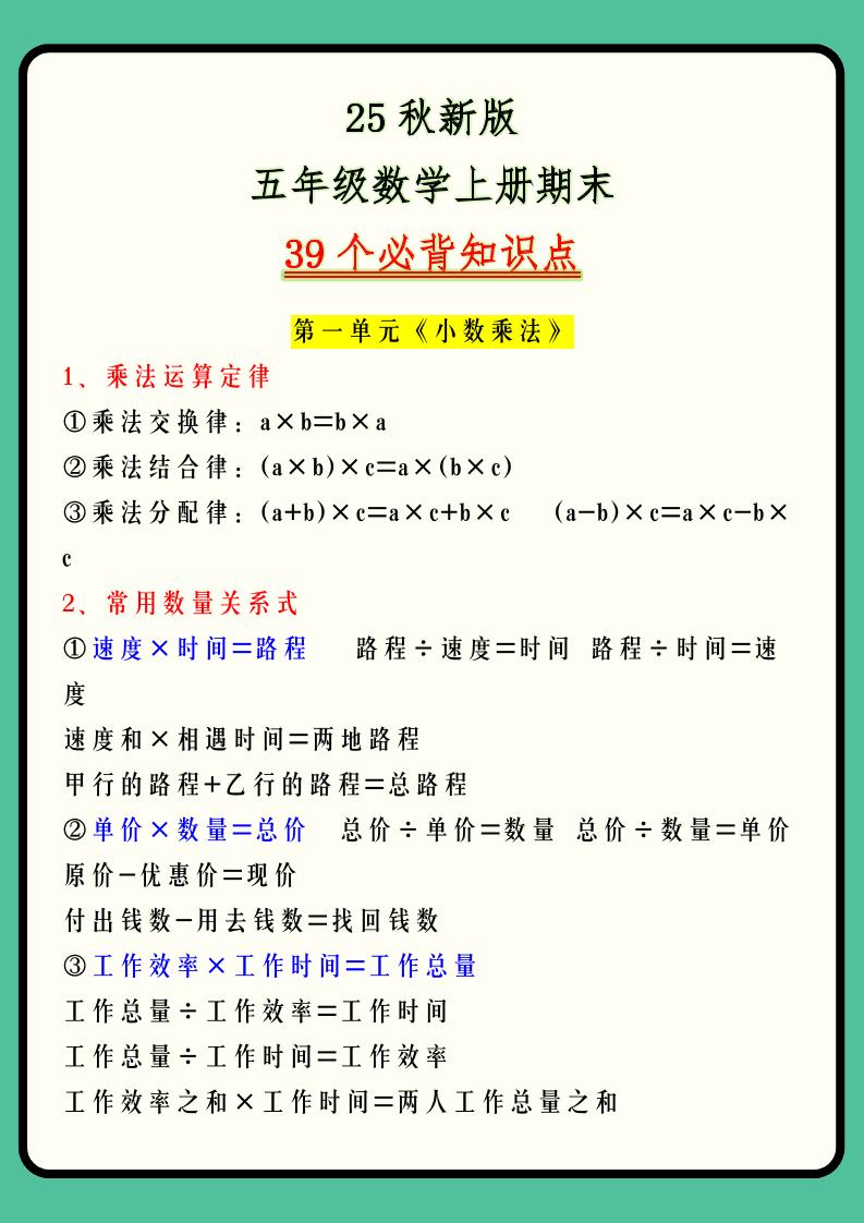 【2025秋新版】五年级数学上册期末39个必背知识点-自学网资源