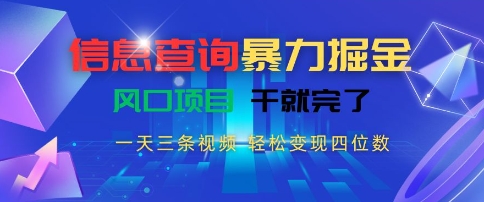 信息查询暴力掘金，一天三条视频，轻松变现四位数，风口项目干就完了【揭秘】-AI网创