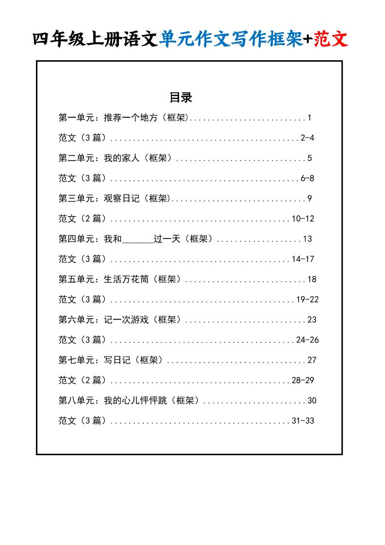 四上语文1-8单元作文写作框架+范文34页-自学网资源